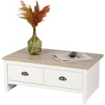 Meublorama - table basse avec 2 tiroirs design colonial ? 90x53xh36 cm, coloris blanc et plateau chne ...