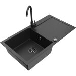 Mexen - leo �vier en granit 1 bac avec �gouttoir et robinet de cuisine telma, noir / argent m�tallis� ...