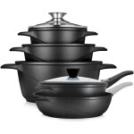 Mgk1819 batterie de cuisine induction 10 pices aluminium fonte 3 casseroles 2 poles noir - briebe