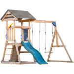 Mia aire de jeux en bois avec 2 balan�oires, toboggan vert / aire de jeux ext�rieur, bac � sable, mur ...