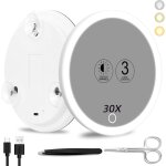 Miroir grossissant 30x avec lumi�re, grand 15cm 3 couleurs avec �clairage tamis�, 3 ventouses, pour voyage ...