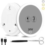 Miroir grossissant 30x avec lumi�re, grand 15cm 3 couleurs avec �clairage tamis�, 3 ventouses, pour voyage ...