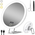 Miroir grossissant �clair� x30, 3 modes de gradation, miroir de maquillage rechargeable, avec ventouse ...
