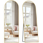 Grand miroir sur pied, avec miroir grossissant, verre tremp�, arqu�, coins droits, 160 x 50 cm, dor�