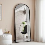 Miroir de sol pleine longueur bomb�, 180x80 cm, cadre en aluminium noir, support m�tallique, suspendu ...