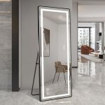 Miroir sur pied - led int�gr� - variateur d'�clairage - cadre aluminium noir - miroir mural - 163x54x4. ...