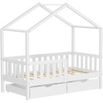 Ml - design lit cabane enfant 70x140 cm blanc en bois massif avec 2 tiroirs, protection anti - chute, ...