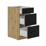 Modena - meuble bas casserolier - 3 tiroirs - 40 x 52 x 82 cm - chene artisan / noir mat - plan de travail ...