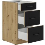 Modena - meuble bas casserolier - 3 tiroirs - 40 x 52 x 82 cm - ch�ne artisan / noir mat - plan de travail ...