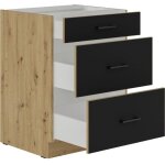 Modena - meuble bas casserolier - 3 tiroirs - 60 x 52 x 82 cm - chene artisan / noir mat - plan de travail ...