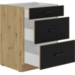 Modena - meuble bas casserolier - 3 tiroirs - 60 x 52 x 82 cm - chene artisan / noir mat - plan de travail ...
