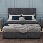Modern minimalist upholstered bed with soft and comfortable headboard, 160x200 cm, grey, multi - functional ...