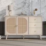 Modernluxe - buffet bas avec 2 portes et 3 tiroirs - portes en rotin - cr�me