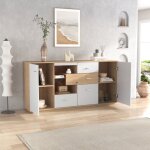 Modernluxe - buffet bas avec led - 2 portes et 4 tiroirs - style contemporain - blanc & naturel