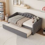 Lit banquette 90x200cm + lit gigogne 90x190cm - capitonn� en tissu lin - gris (matelas non inclus)