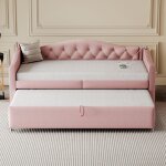 Modernluxe - lit gigogne 90x200cm & 90x190cm en lin - avec port usb et sommier � lattes - rose