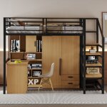 Lit mezzanine 140x200cm en m�tal - avec �tag�res et �chelle de s�curit� - noir (matelas non inclus)