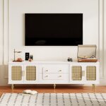 Modernluxe - meuble tv moderne - avec portes en rotin et 2 tiroirs - pieds en métal - blanc Modernluxe - meuble tv moderne - avec portes en rotin et 2 tiroirs - pieds en métal - blanc