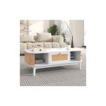 Modernluxe - table basse de salon - dcore de rotin et de bois massif - style campagnard - blanc