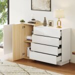Modfu - buffet 160x37x75cm 4 tiroirs 2 portes, commode, meuble de cuisine, mdf, blanc + naturel
