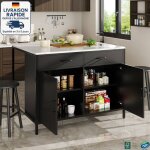 Modfu - buffet de cuisine noir avec table de bar, 2 portes et 2 tiroirs, meuble de salon de cuisine, ...