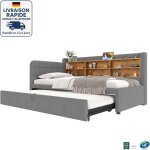 Modfu - canap� - lit enfant avec lit gigogne 90x190 / 200cm 2 personnes, avec rangement, usb + typec, ...