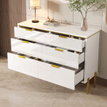 Modfu - commode 6 tiroirs, buffet bas en panneau de particules, blanc haute brillance & accents dor�s, ...