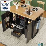 Modfu - desserte de cuisine � roulettes 2 portes 2 tiroirs avec table pliante, meuble de rangement de ...