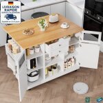 Modfu - desserte de cuisine � roulettes avec table de bar pliante, buffet, 1 tiroir + 4 portes, �tag�res ...