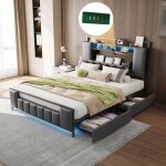Lit avec 4 tiroirs moderne 160x200cm lit double, nombreux rangements, tte de lit avec rangement, port ...