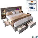 Modfu - lit adulte 160x200cm avec 2 tables de chevet, 4 tiroirs, 2 lampes de lecture, usb + type - c, ...