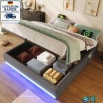 Lit coffre 140x200cm - lit double capitonné 140x200 cm - lin - bande lumineuse led télécommandée avec ... Lit coffre 140x200cm - lit double capitonné 140x200 cm - lin - bande lumineuse led télécommandée avec ...