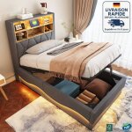 Modfu - lit coffre 90�200cm avec led, lit enfant, t�te de lit coffre, port usb, sommier � lattes tapissier, ...