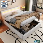 Modfu - lit coffre adulte 140x200cm, simili cuir, lit double led, sans matelas, blanc Modfu - lit coffre adulte 140x200cm, simili cuir, lit double led, sans matelas, blanc