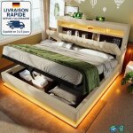 Modfu - lit coffre adulte 160�200cm, led, t�te de lit avec rangement, ports usb et type - c, sommier ...