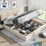 Modfu - lit coffre, t�te de lit r�glable en hauteur, lit adulte, velours, sans matelas, lit double, beige, ...