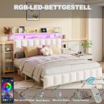 Modfu - lit double adulte, simili cuir et mtal, tte de lit avec tagre, led, sans matelas, 160x200cm, ...