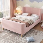 Modfu - lit enfant 90x200 cm, velours, lit simple, forme luge, sommier  lattes, sans matelas, rose