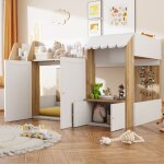 Modfu lit enfant 90x200cm en bois, lit mezzanine - avec 1 meuble de rangement, 2 portes, matelas non ...