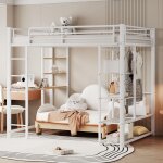 Lit enfant, lit mezzanine en m�tal, lit simple avec table et �tag�re, sans matelas, blanc, 140x200cm