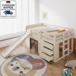 Modfu - lit mezzanine 140x200 cm - lit enfant 140x200 cm - avec glissires, trois tiroirs et deux portes ...