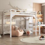 Lit mezzanine 140x200cm avec penderie ouverte, pin, lit simple sans matelas, blanc Lit mezzanine 140x200cm avec penderie ouverte, pin, lit simple sans matelas, blanc