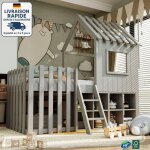 Lit mezzanine 90x200 cm - lit enfant 90x200 cm - avec toit et fenêtres, avec espace de rangement ouvert ... Lit mezzanine 90x200 cm - lit enfant 90x200 cm - avec toit et fenêtres, avec espace de rangement ouvert ...