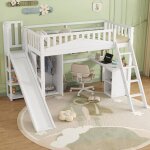 Lit mezzanine 90x200cm, lit enfant avec toboggan, pin + mdf + contreplaqu, avec armoire et bureau, sans ...