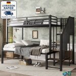 Modfu - lit mezzanine enfant 90 / 120x200cm en m�tal 3 places, escalier de rangement, antichute, sans ...