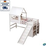 Modfu - lit mezzanine enfant en bois 90�200cm avec �tag�res et toboggan, lit cabane, antichute, sans ...
