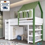 Modfu - lit mezzanine enfant en bois 90�200cm avec rangement, lit cabane, penderie et �tag�res, sans ...
