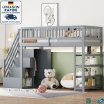 Modfu - lit mezzanine enfant en bois 90x200cm avec rangement, 4 �tag�res 1 penderie, �chelle de rangement, ...