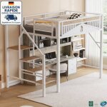 Modfu - lit mezzanine enfant en m�tal 140x200cm avec escalier, sommier � lattes, antichute, sans matelas, ...