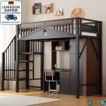 Modfu - lit mezzanine enfant en m�tal 90x200cm avec escalier, sommier � lattes, antichute, sans matelas, ...